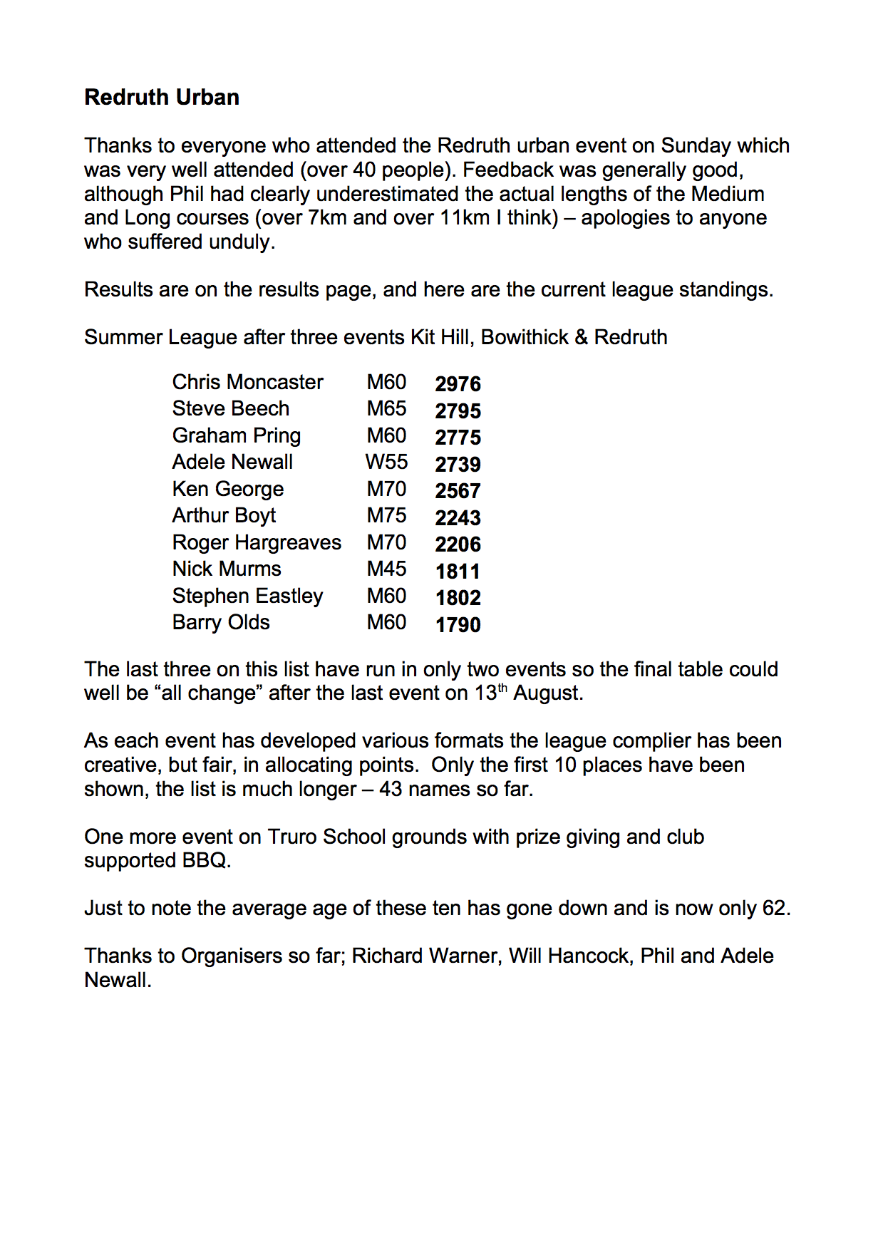 Summer League and Redruth results